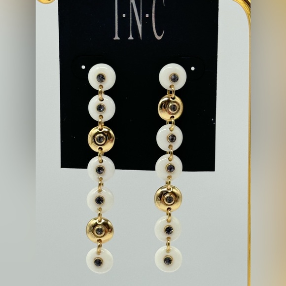 INC Drop Down Stone with Embedded Crystal Dangling Earrings in Gold Tone 3in - Picture 6 of 10